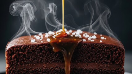 Hot Chocolate Cake with Melted Chocolate Sauce and Steam, Freshly Baked Dessert and Indulgent Food Concept