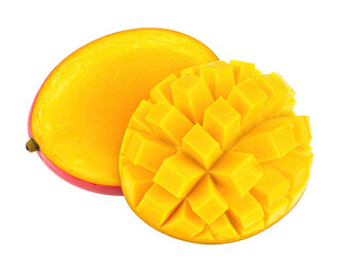 Fototapeta premium Two ripe mangoes, one whole and another cubed, showcasing vibrant yellow and red hues