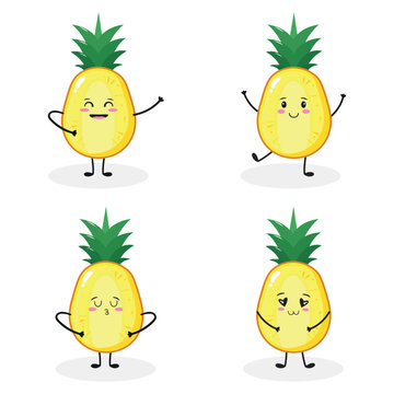 Cute cartoon pineapple characters with expressions isolated on a white background. Sticker set. Flat vector illustration.