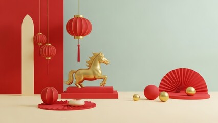 Minimal Chinese New Year Scene with Golden Horse Figurine, Red Lanterns and Fan, Year of the Horse Festive Still Life