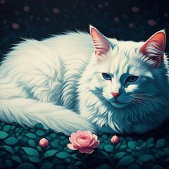 White cat with pink rose flowers.