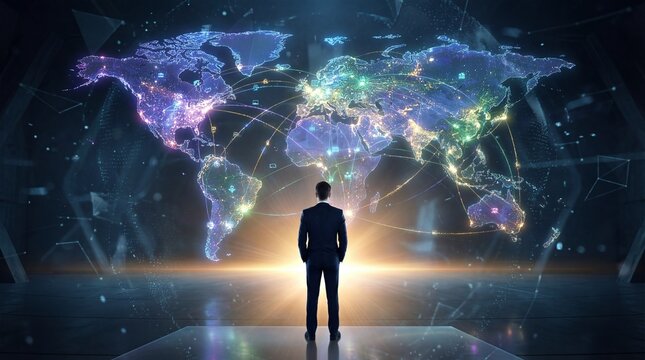 Visionary Businessman Looking at Global Connectivity Map with Digital Data Streams and World Networks - Powered by Adobe