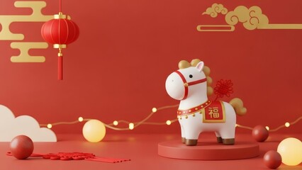 Cute White Horse Figurine with Lantern Lights and Red Decorations, Chinese New Year Year of the Horse Festive Illustration