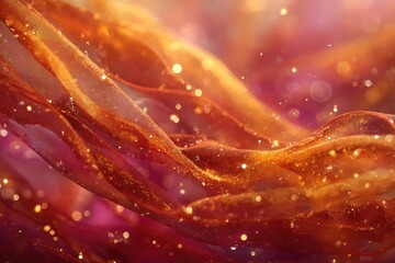 Close-up of orange sheer ribbons sparkling with glitter against a warm pink background. Concept Close-up Details, Glittery Orange Ribbons, Sheer Ribbon Close-Up, Warm Pink Background