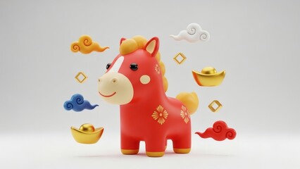 Cute Red Horse Figurine with Gold Ingots and Lucky Clouds, Chinese New Year Year of the Horse Festive Illustration
