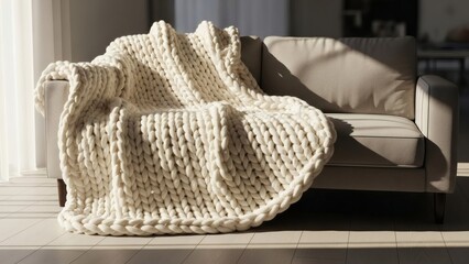 Cozy Chunky Knitted Blanket Draped on Modern Sofa with Natural Light, Minimal Home Interior and Comfort Lifestyle Concept