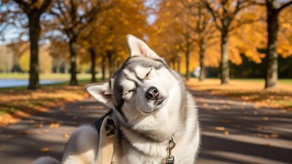 White dog in autumn park outdoors.