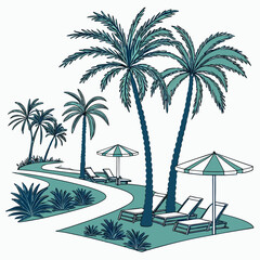 Teal palm trees and lounge chairs on a tropical resort © aaa