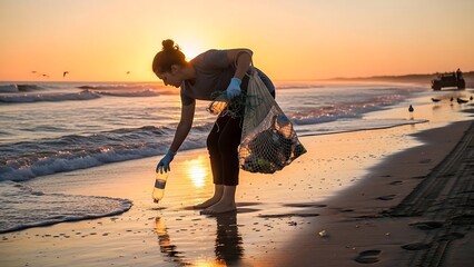 Woman collecting seashells on beach at sunset.