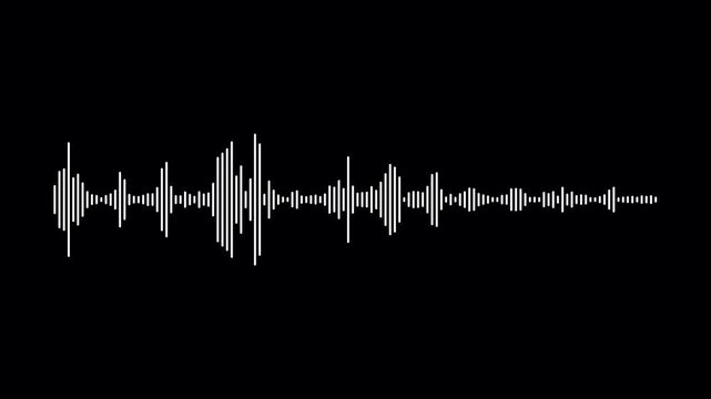 Sound waveform spectrum animation on black background. White sound waves meter- Lines audio wave visualisation. Audio waves rhythm isolated on dark background. Music waves oscillation modern.