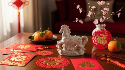 White Horse Figurine with Oranges, Red Envelopes and Plum Blossoms, Chinese New Year Year of the Horse Festive Still Life