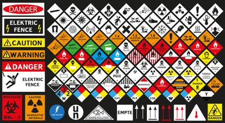 A large set of hazard signs and markings for dangerous goods. For industrial safety, logistics, and transportation.