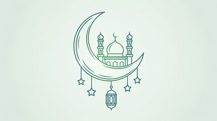 Green line mosque on crescent moon with stars and lantern ramadan kareem 2026 2027 background 4k ultra hd download