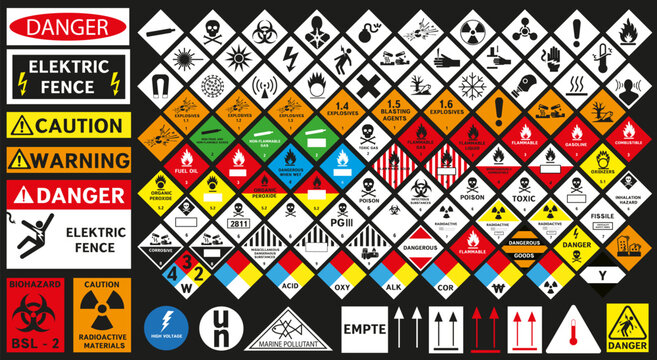 A large set of hazard signs and markings for dangerous goods. For industrial safety, logistics, and transportation.