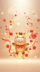Cute Horse Character Surrounded by Festive Confetti and Lucky Symbols, Chinese New Year Year of the Horse Joyful Illustration