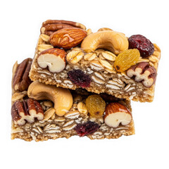 Delicious granola bar with mixed nuts and fruits isolated on transparent background