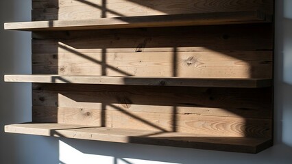 Wooden Shelves with Sunlight Shadows.