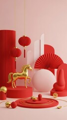 Minimal Chinese New Year Scene with Golden Horse Figurine, Red Lanterns and Abstract Shapes, Year of the Horse Festive Still Life