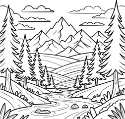 Obraz premium Black and white forest mountain landscape with trees and winding paths