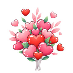 A bouquet of shiny heart shaped balloons and leaves on transparent background for valentines day