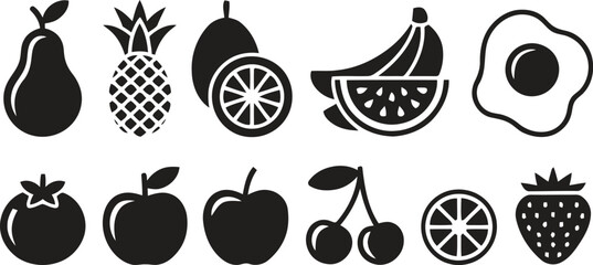 fruit, food, icon, black, white, monochrome, pear, pineapple, lemon, watermelon, banana, apple, tomato, grapes, cherries, strawberry, orange, egg, fried egg, transparent, background, symbol, vector, d