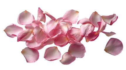 Scattered Pink Rose Petals Floating. Romantic Floral Decoration for Wedding, Valentine&rsquo;s Day, Love, Beauty, Spa. Elegant Natural Design Elements Isolated on White Background. Falling Fowers Particles 