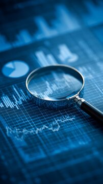 Magnifying glass examines detailed blue financial data charts closely