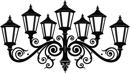 Ornate Black Silhouette Street Lamp with Multiple Lanterns lamp post light