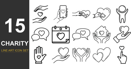 Obraz premium Charity line art icon set with hearts and helping hands