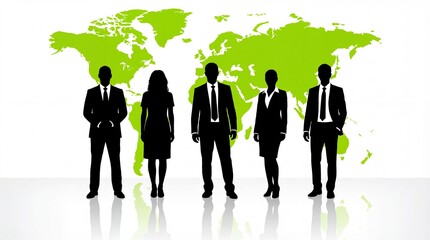 Professional team of business silhouettes standing in front of a green world map representing global business