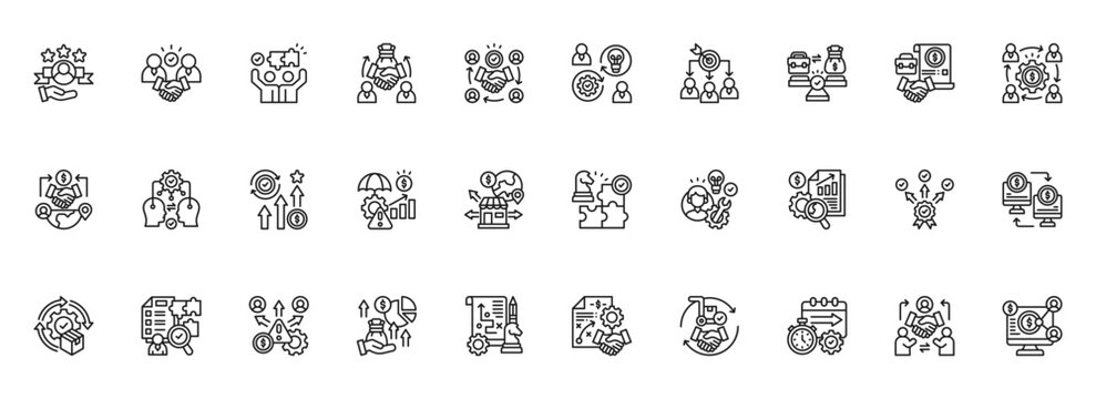 Strategic Alliance line style icon set. Containing Personal Branding, Best Partnership, Team Collaboration, Joint Venture, Cooperative Agreement