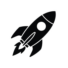 Black silhouette of a rocket ship in flight on white background