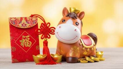 Cute Horse Figurine with Red Envelope, Gold Ingots and Lucky Knot, Chinese New Year Year of the Horse Festive Still Life