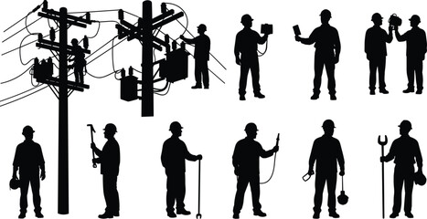 Silhouettes of Electricians Working and Holding Tools Near Power Poles Keywords: electrician, silhouette, worker, utility, power