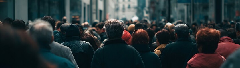 Large group of people viewed from behind moving through an urban environment