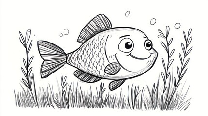 Cartoon fish swimming in underwater grass.  Possible use Children's book illustration
