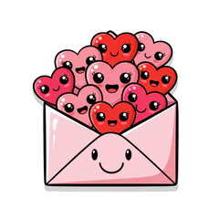 A pink envelope filled with happy hearts of various sizes and shades of pink and red on transparent background isolated on transparent background