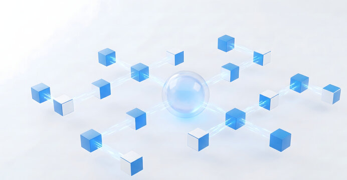 D Decentralized System with Blue and White Cubes and Central Sphere