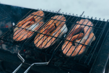 Open Flame Shashlik In Snow, Hearty Portable Meal Of Grilled Meat Over Coals In Snowy Street Setting