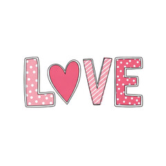 A cute illustration of the word love with a heart replacing the o in pink and white colors on a transparent background