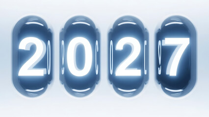 New Year 2027 Glowing Glass Capsule Numbers with Modern Style