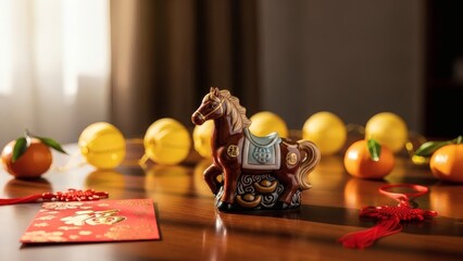 Traditional Horse Figurine with Tangerines and Red Envelopes for Chinese New Year