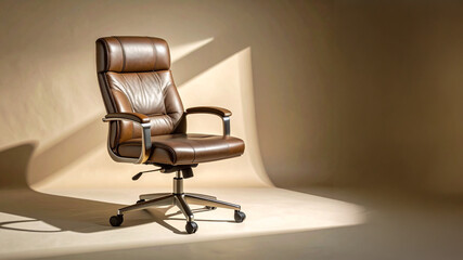 Brown leather executive chair with ergonomic design on neutral studio background. Professional furniture for workspace 2026. Image features hard shadows and minimalist lighting for business