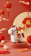 Festive White Horse Figurine in Red and Gold for Chinese New Year