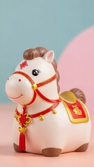 Cute White Horse Figurine with Red and Gold Decorations for Chinese New Year