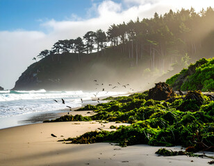 Coastal seascape with lush seaweed and forested hillside under soft sunlight