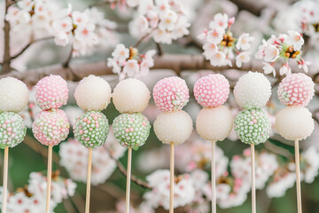 Colorful hanami dango rice dumplings served on skewers. Traditional Japanese sweet enjoyed during spring hanami celebrations.