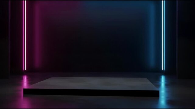 A sleek, modern platform illuminated by vibrant neon lights in a dark, minimalist environment from a straight-on viewpoint.