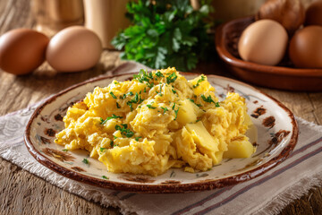 Bacalhau a Bras made with shredded codfish, potatoes, and eggs. Classic Portuguese dish known for its savory flavor and comforting texture.