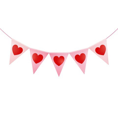 Pink heart shaped bunting flags with red hearts on a string for valentines day decoration isolated on transparent background